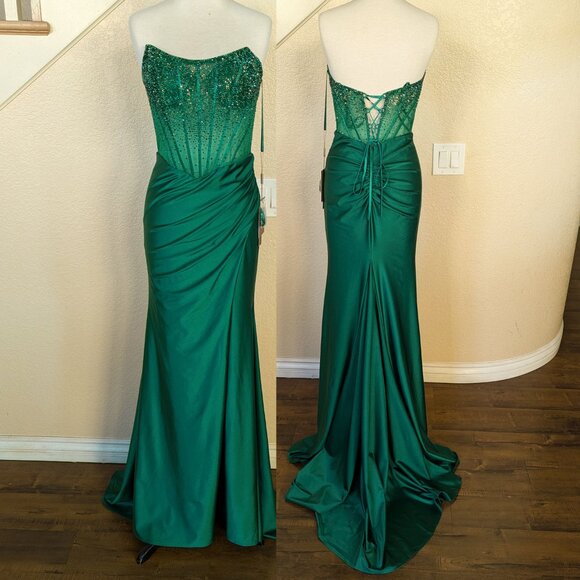 Emerald Green Sequin Strapless Corset Long Formal Prom Evening Dress 2 - Picture 1 of 5